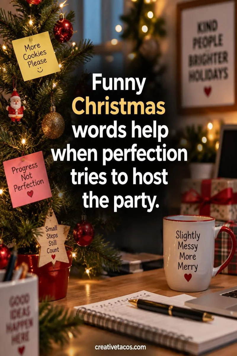 Quote card: Funny Christmas words help when perfection tries to host the party.