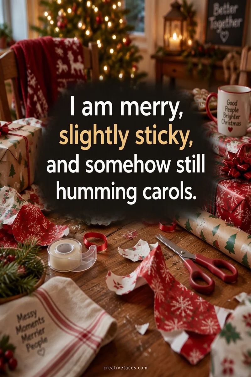 Quote card: I am merry, slightly sticky, and somehow still humming carols.