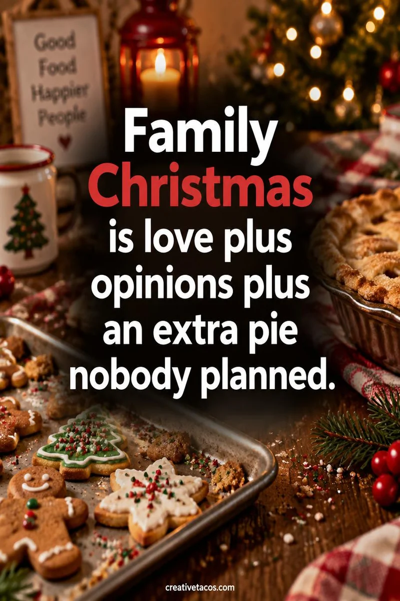 Quote card: Family Christmas is love plus opinions plus an extra pie nobody planned.