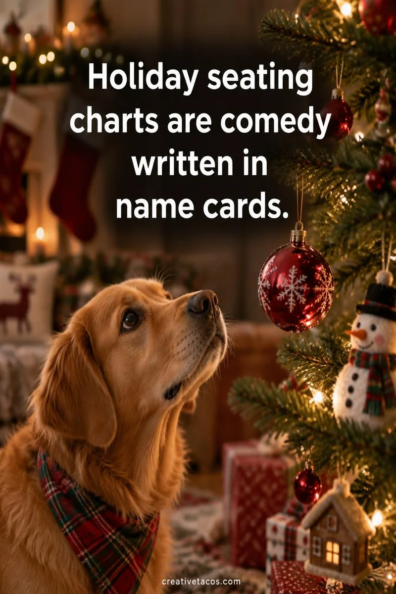Quote card: Holiday seating charts are comedy written in name cards.