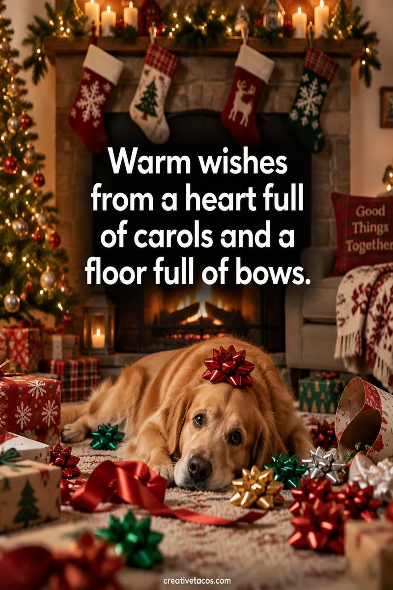 Quote card: Warm wishes from a heart full of carols and a floor full of bows.