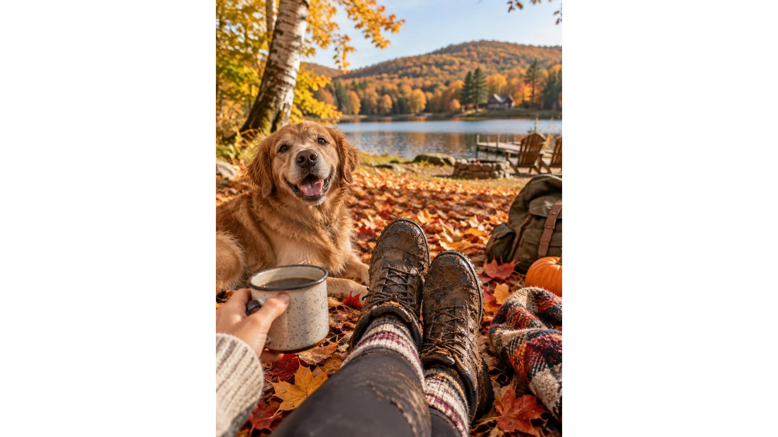 Playful fall scene with boots, spilled leaves, and a smiling coffee cup.