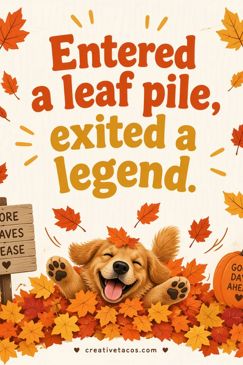 Quote card: Entered a leaf pile, exited a legend.