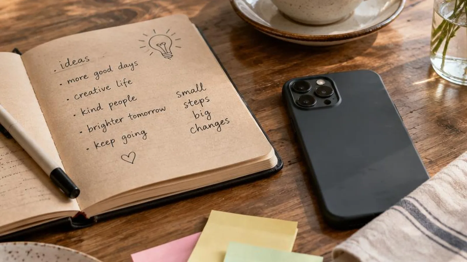 Sunny desk with a phone, notebook, and coffee for funny Instagram bio ideas