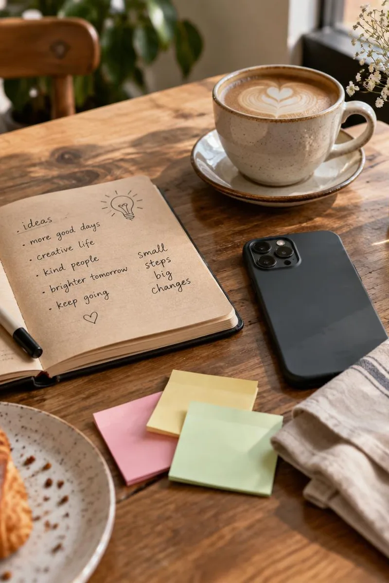 Phone and notebook on a sunny table for funny Instagram bio ideas