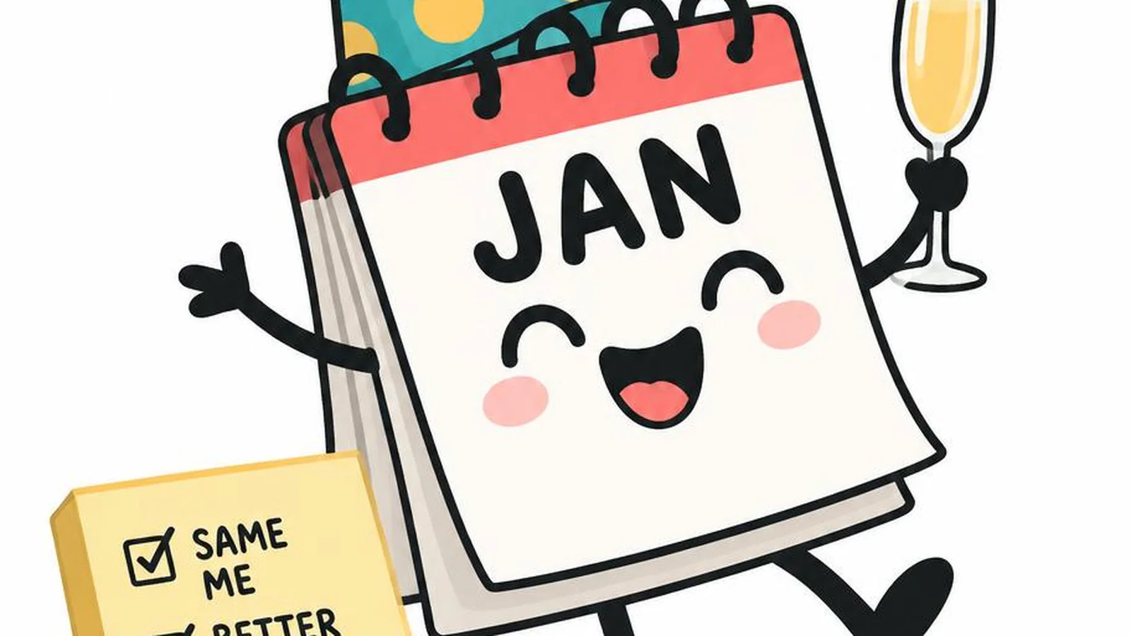 Clean illustration of a party hat and calendar with light New Year humor on a white background.