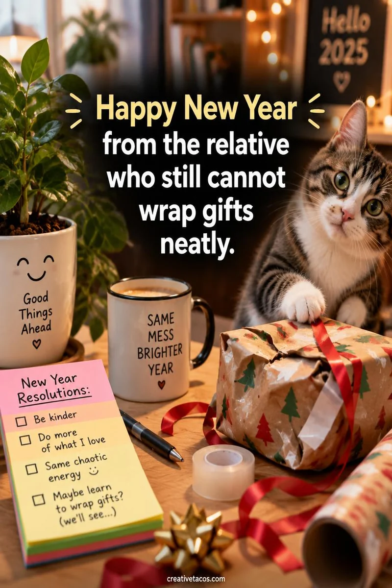 Quote card: Happy New Year from the relative who still cannot wrap gifts neatly.