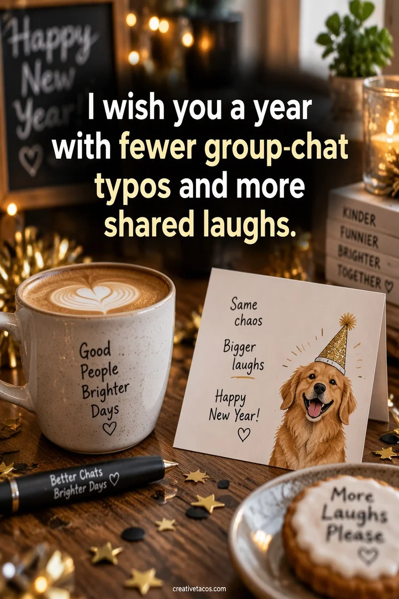 Quote card: I wish you a year with fewer group-chat typos and more shared laughs.