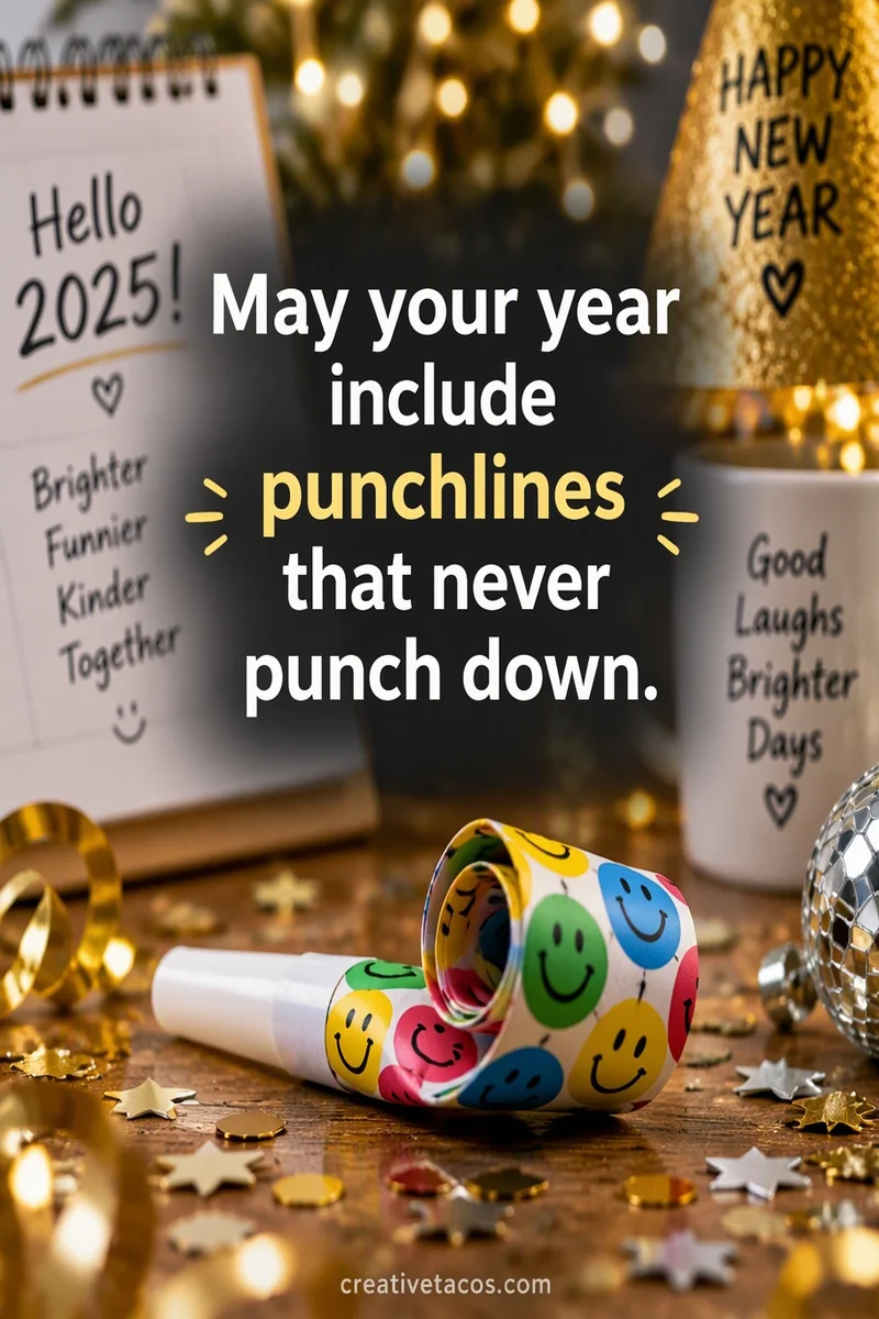 Quote card: May your year include punchlines that never punch down.