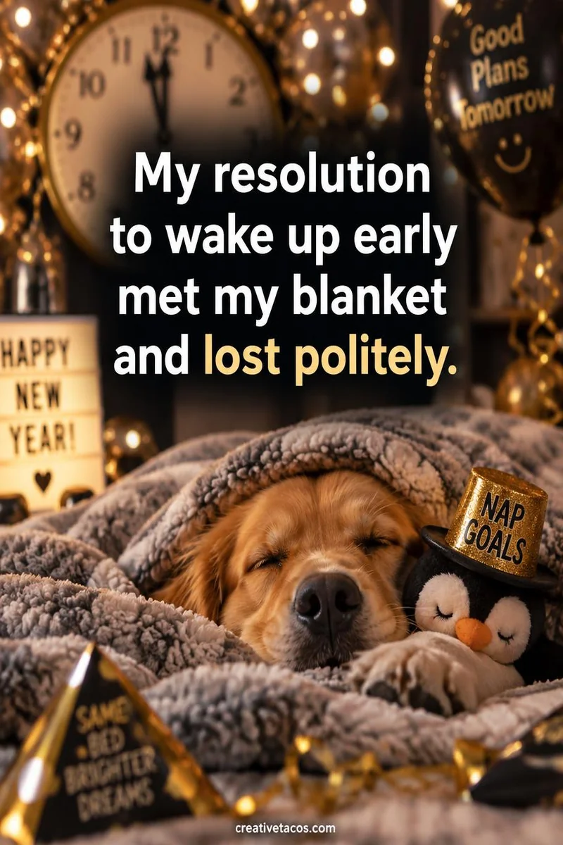 Quote card: My resolution to wake up early met my blanket and lost politely.