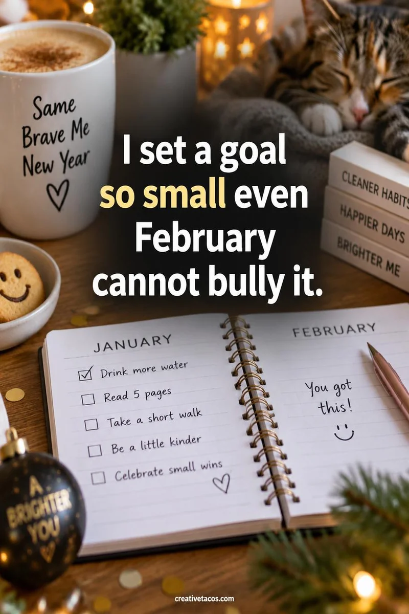 Quote card: I set a goal so small even February cannot bully it.