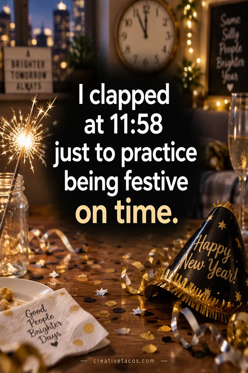 Quote card: I clapped at 11:58 just to practice being festive on time.