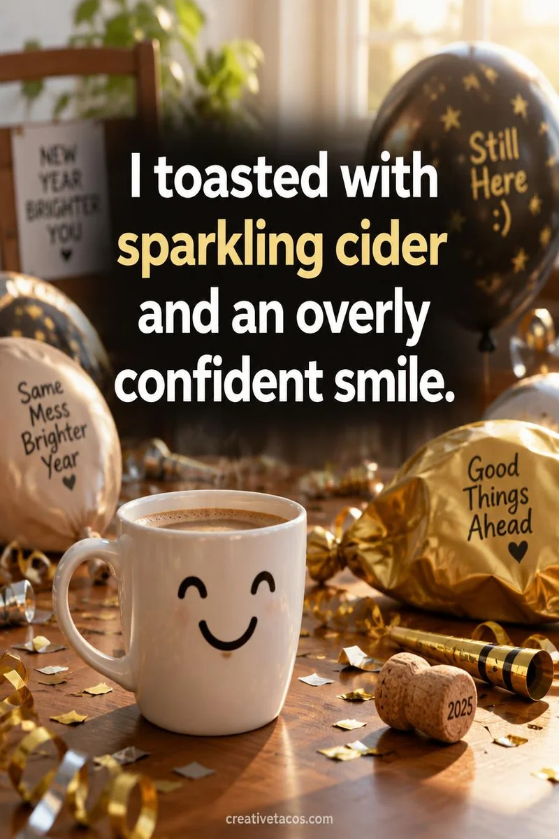 Quote card: I toasted with sparkling cider and an overly confident smile.