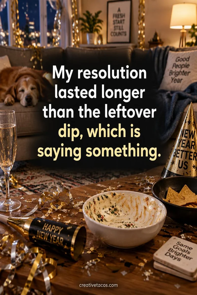 Quote card: My resolution lasted longer than the leftover dip, which is saying something.