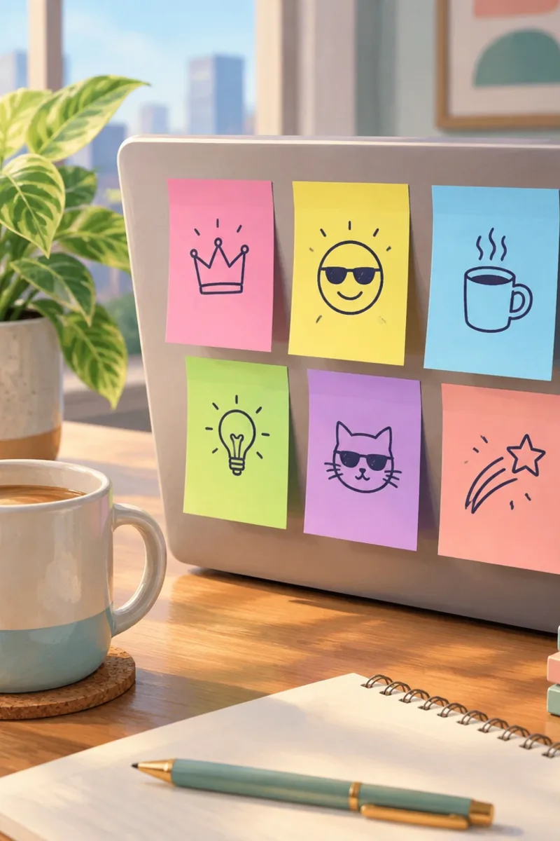 Colorful sticky notes on a laptop suggesting funny office-safe coworker nicknames