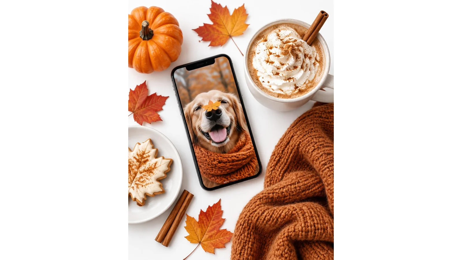 Funny October Instagram flatlay with phone, pumpkin spice cup, leaves, and cozy sweater on clean white background
