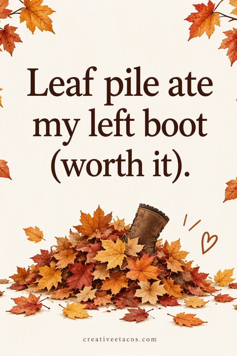 Quote card: Leaf pile ate my left boot (worth it).