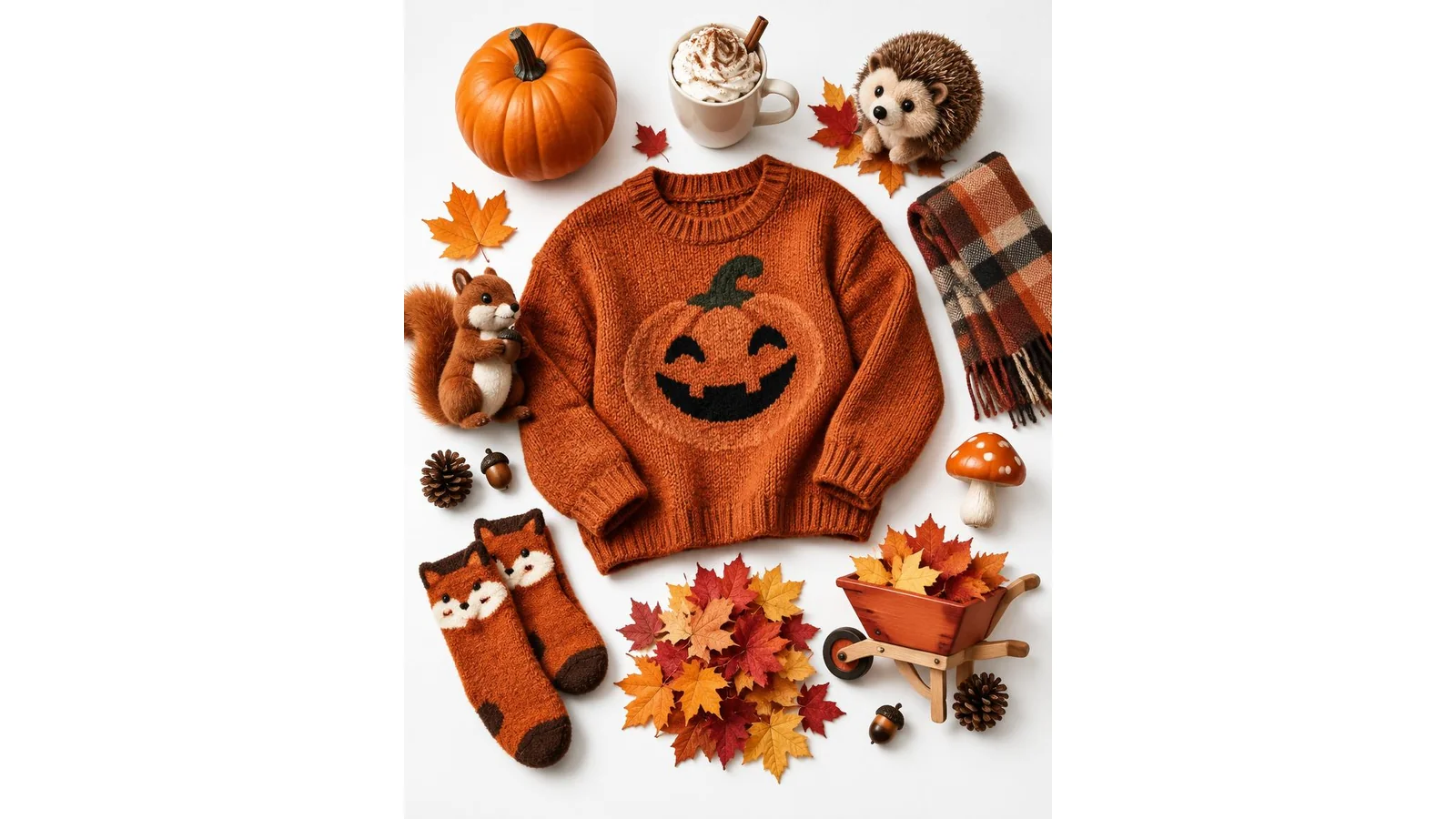 Funny October flatlay with pumpkin, sweater, leaf pile toys, and playful autumn props on clean white background