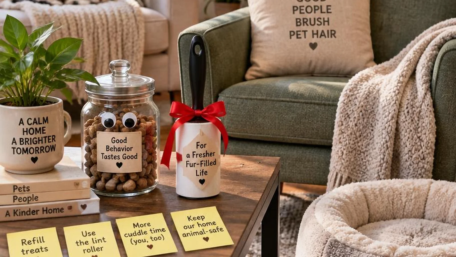 Bright living room with pet bed sticky notes and playful human-targeted prank props keeping animals calm