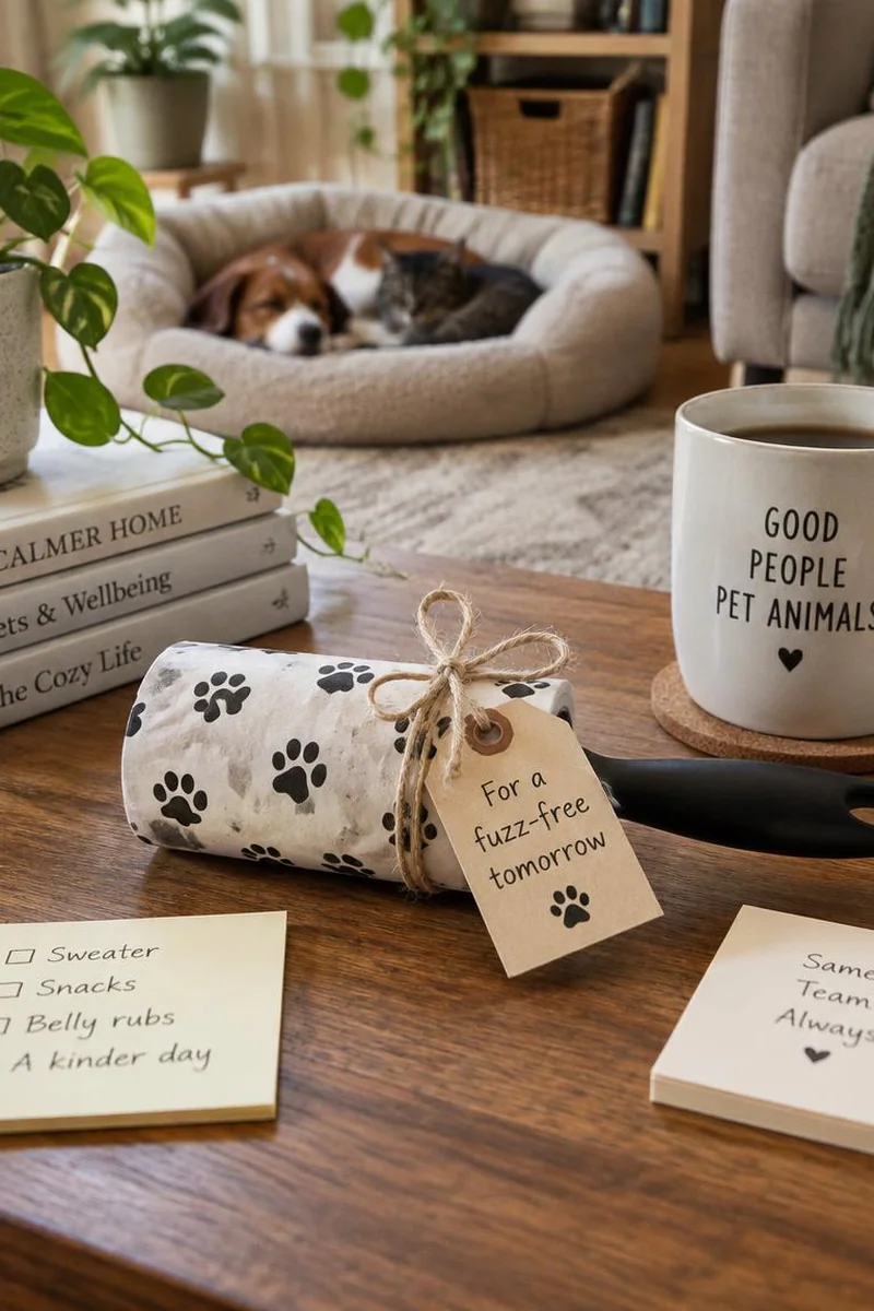 Calm living room pet bed with human targeted sticky notes and animal safe joke props