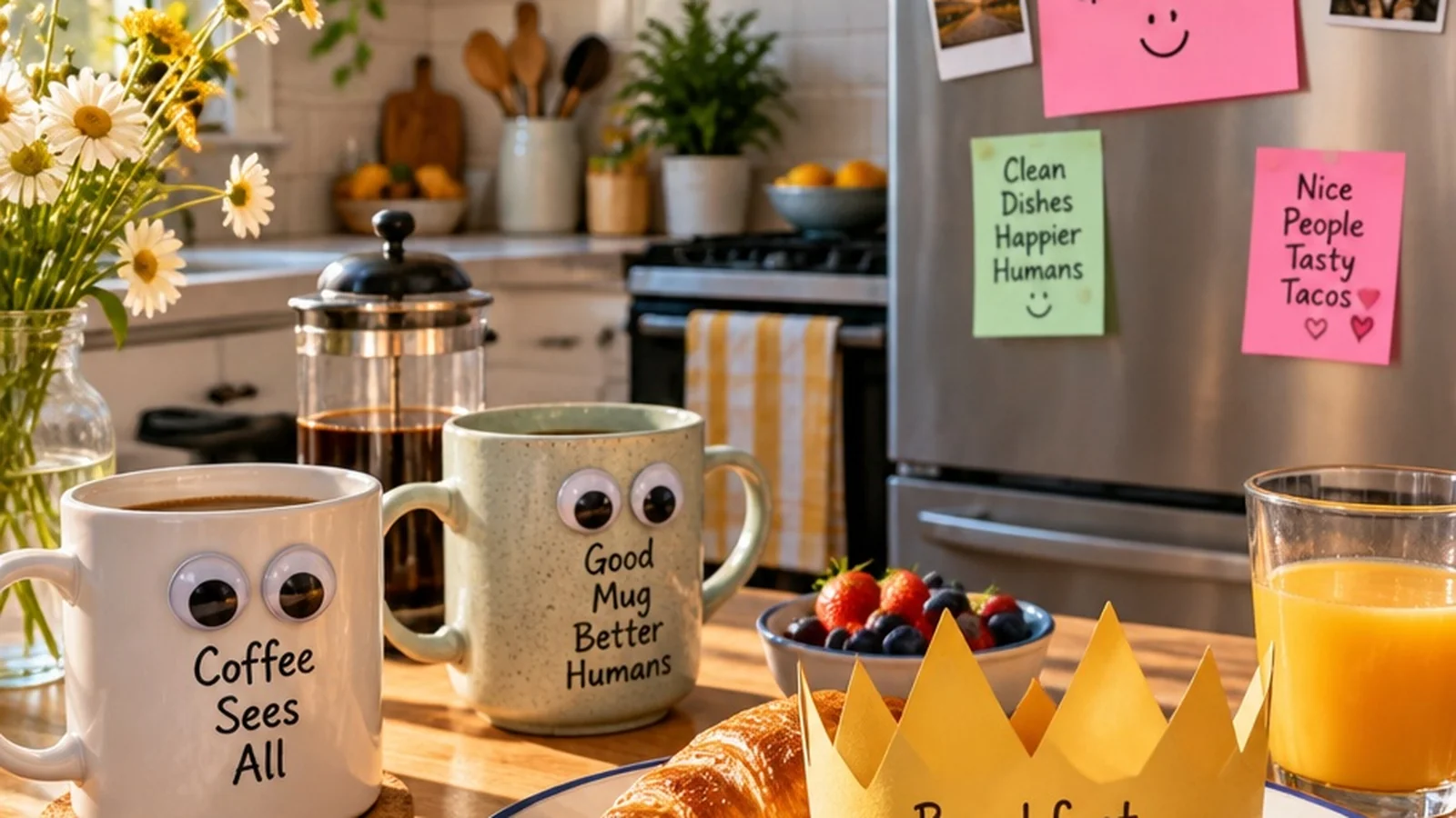 Sunny shared apartment kitchen with sticky notes, googly eyes on a mug, and playful roommate surprises