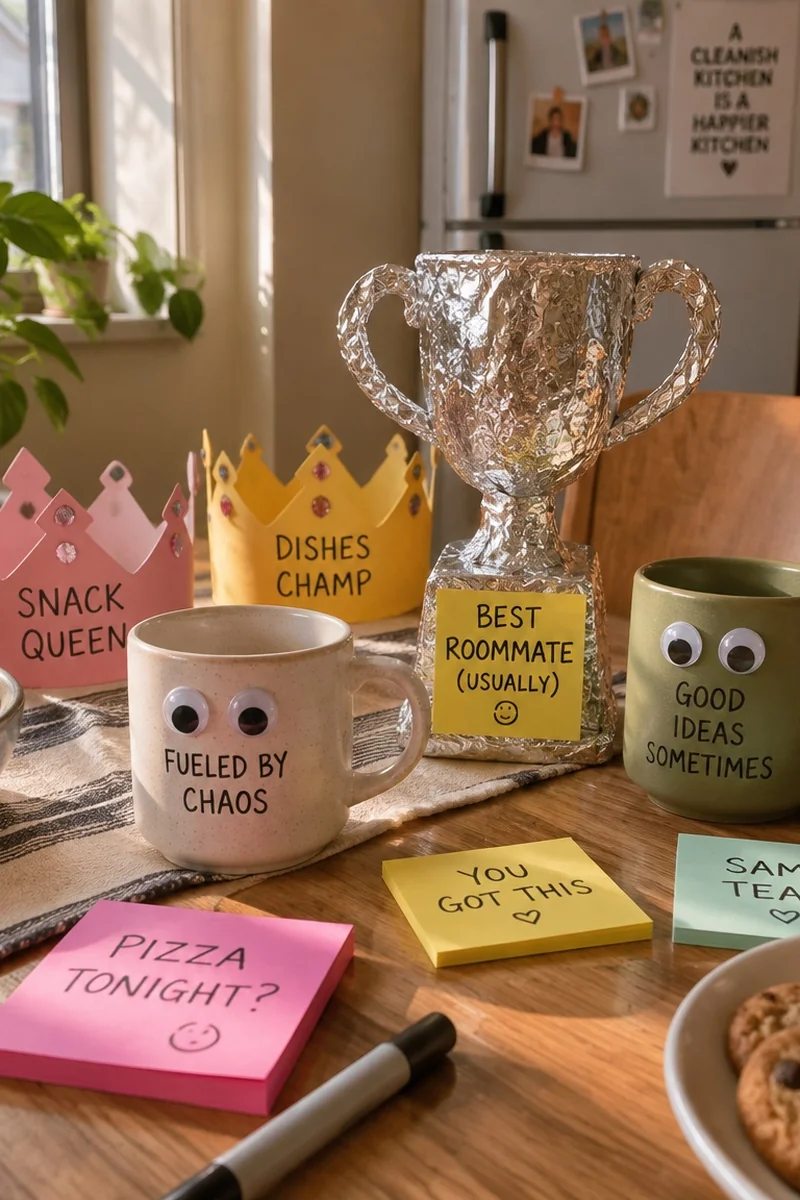 Playful roommate kitchen table with paper crowns sticky notes and googly eyed mugs
