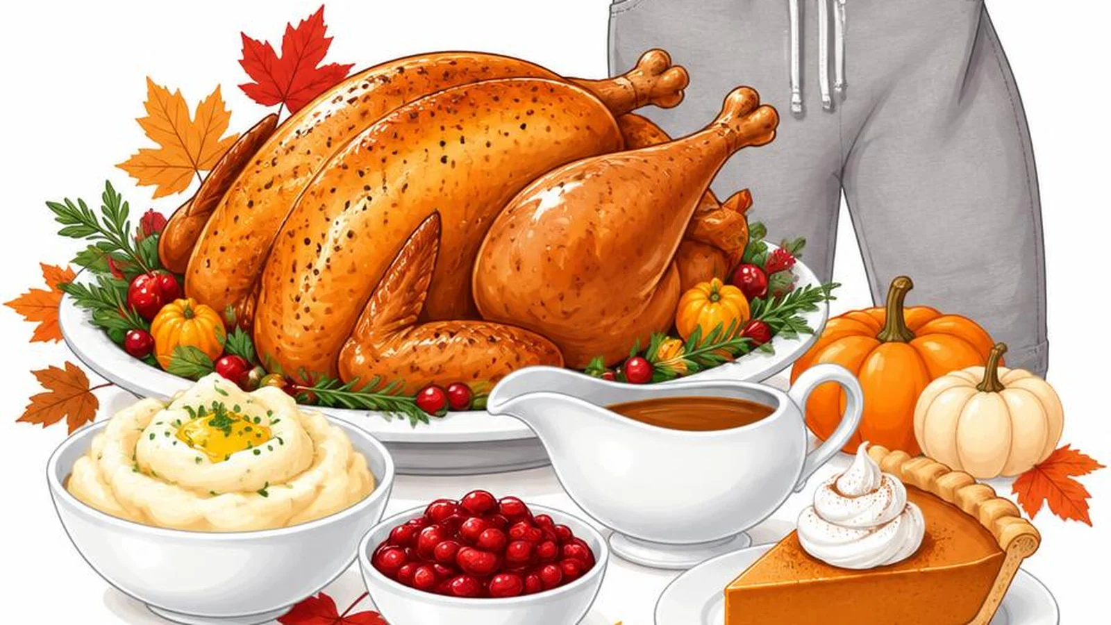 Funny Thanksgiving illustration with turkey, gravy boat, pie, and playful table props on a clean white background