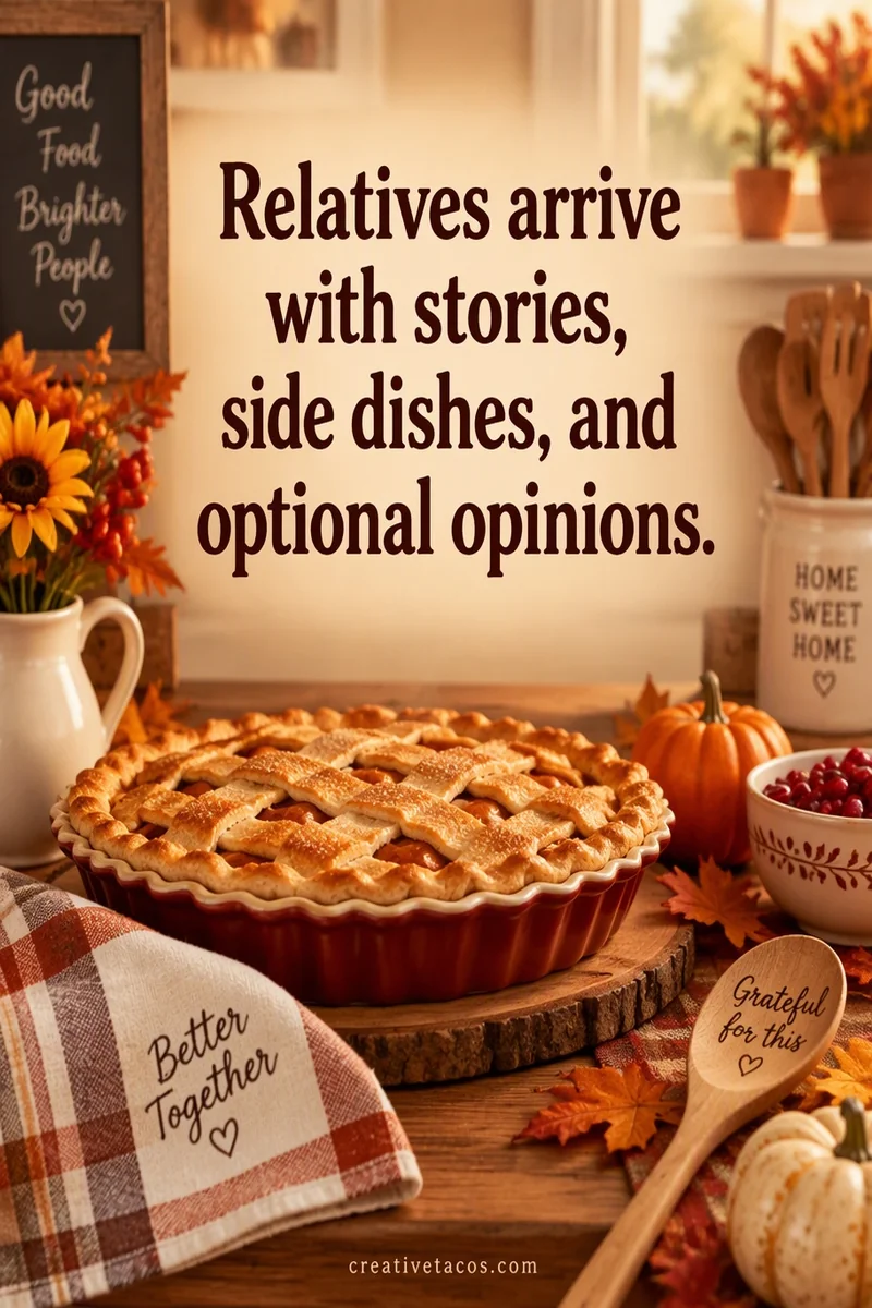 Quote card: Relatives arrive with stories, side dishes, and optional opinions.
