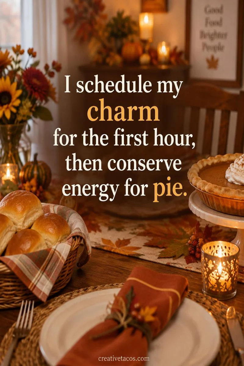Quote card: I schedule my charm for the first hour, then conserve energy for pie.