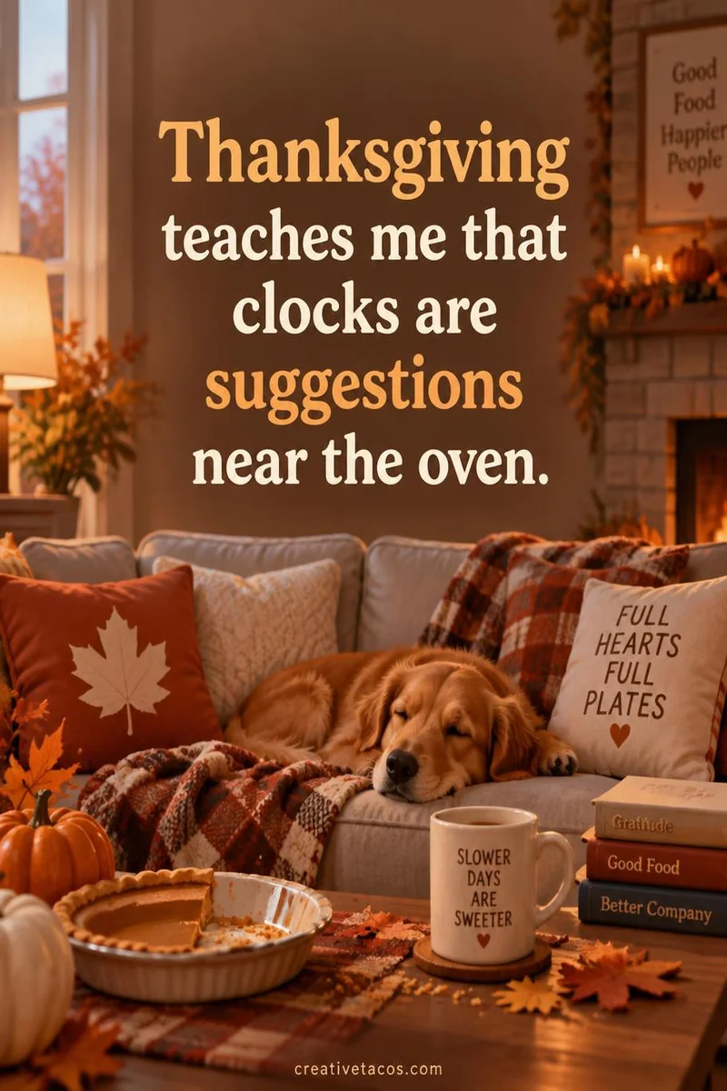 Quote card: Thanksgiving teaches me that clocks are suggestions near the oven.