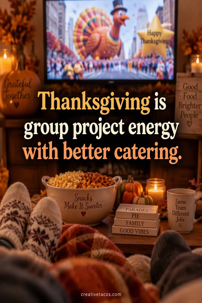 Quote card: Thanksgiving is group project energy with better catering.