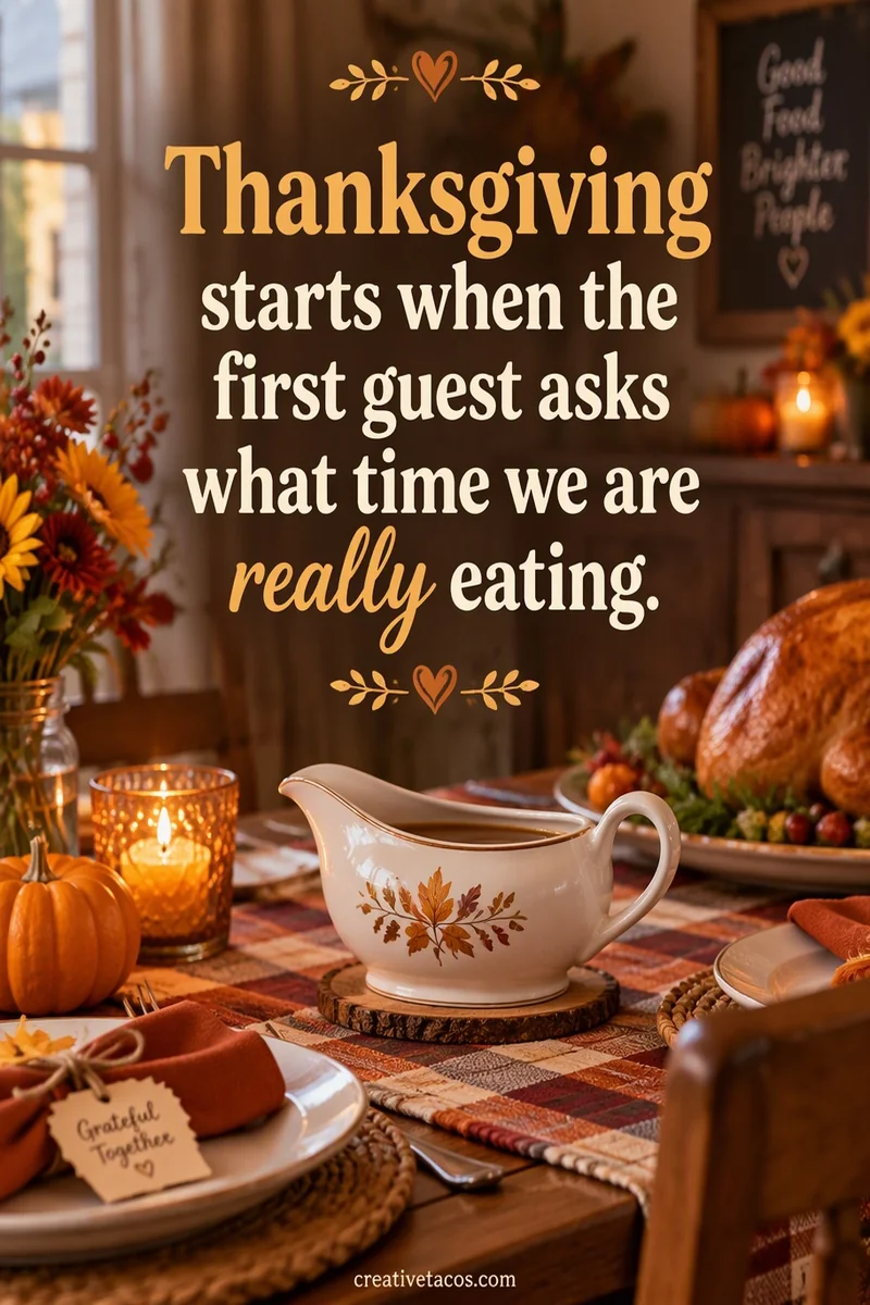 Quote card: Thanksgiving starts when the first guest asks what time we are really eating.