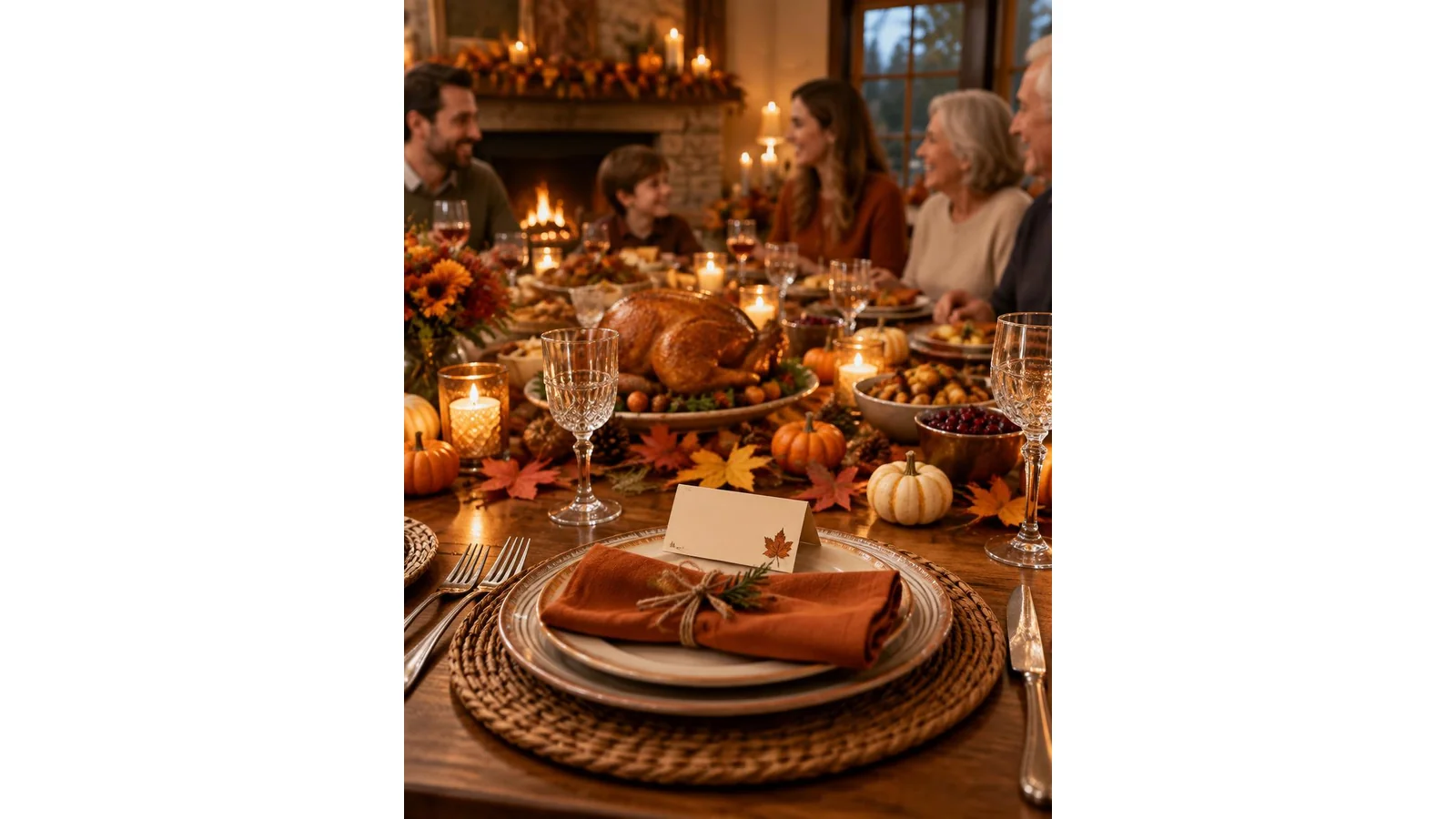 A Thanksgiving table card beside autumn leaves and a smiling pumpkin.
