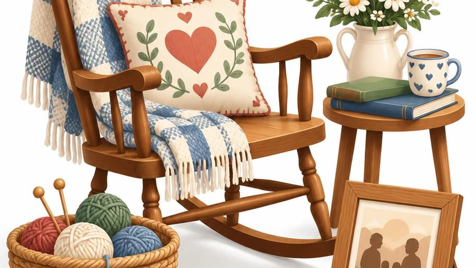 White background grandparents illustration with cozy chair, knitting, cookies, and warm family details.