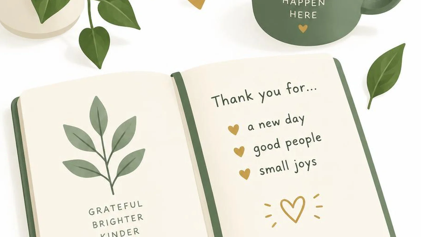 Clean illustration of a journal, coffee mug, and small thank-you note on a white background for grateful quotes.