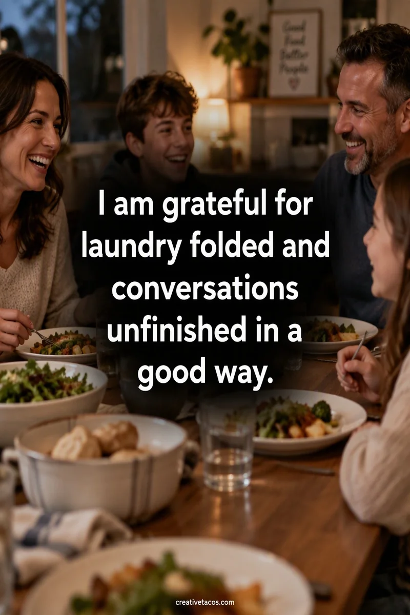 Quote card: I am grateful for laundry folded and conversations unfinished in a good way.