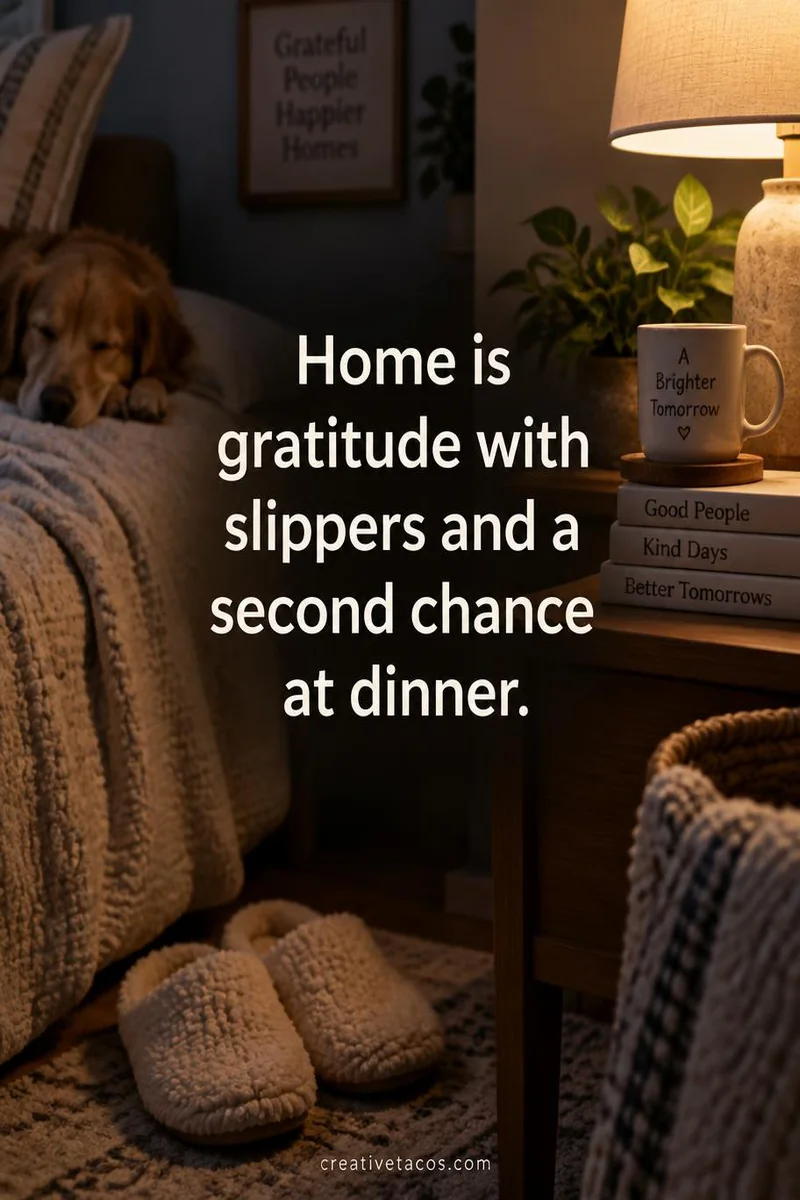 Quote card: Home is gratitude with slippers and a second chance at dinner.