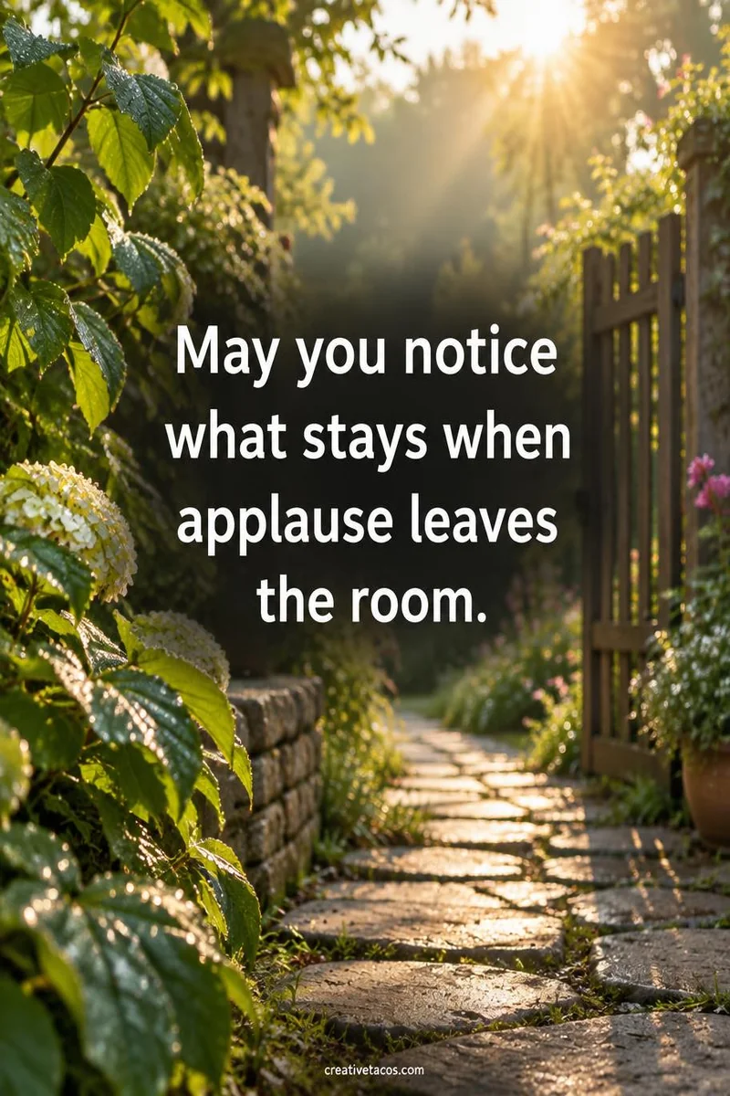 Quote card: May you notice what stays when applause leaves the room.