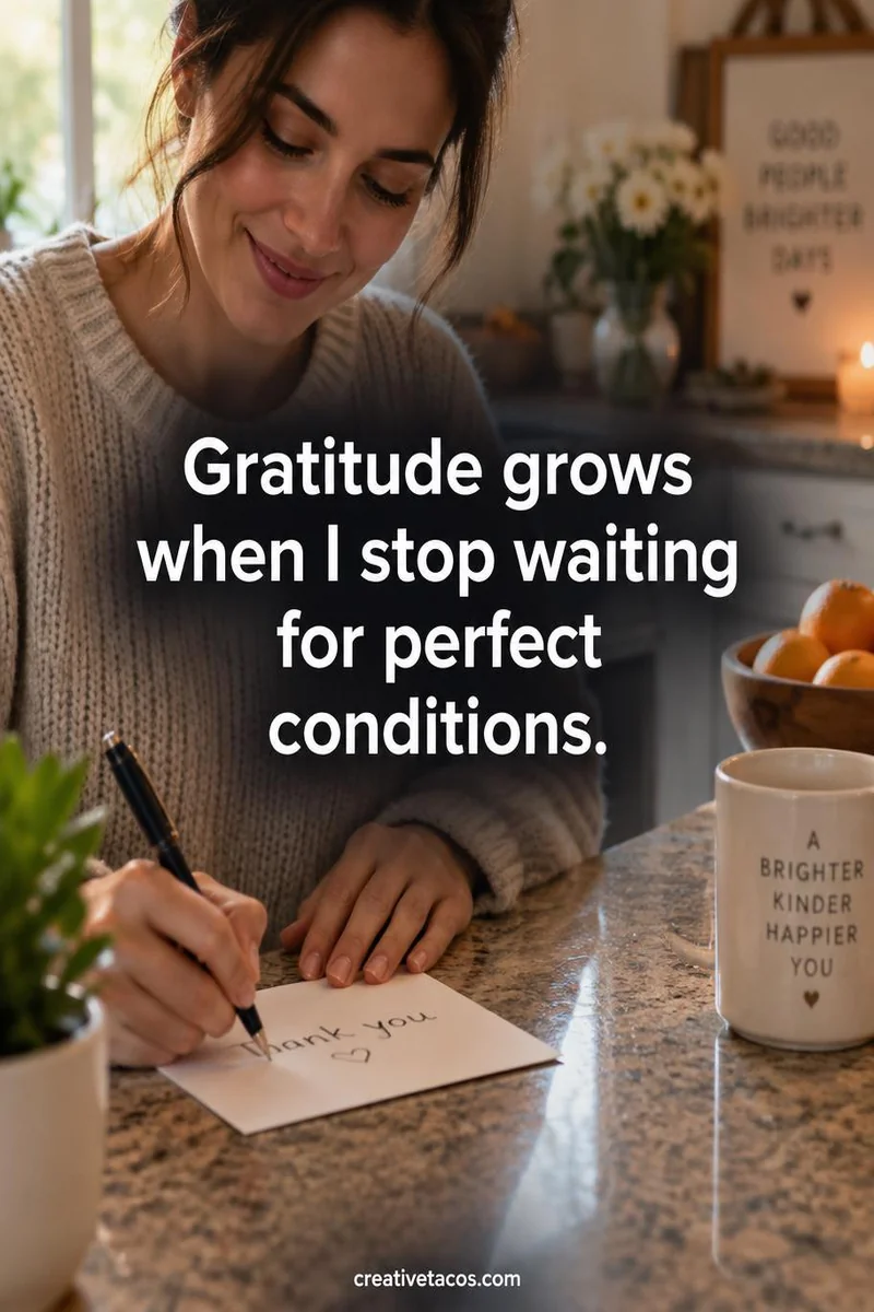 Quote card: Gratitude grows when I stop waiting for perfect conditions.