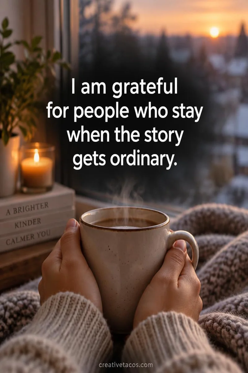 Quote card: I am grateful for people who stay when the story gets ordinary.