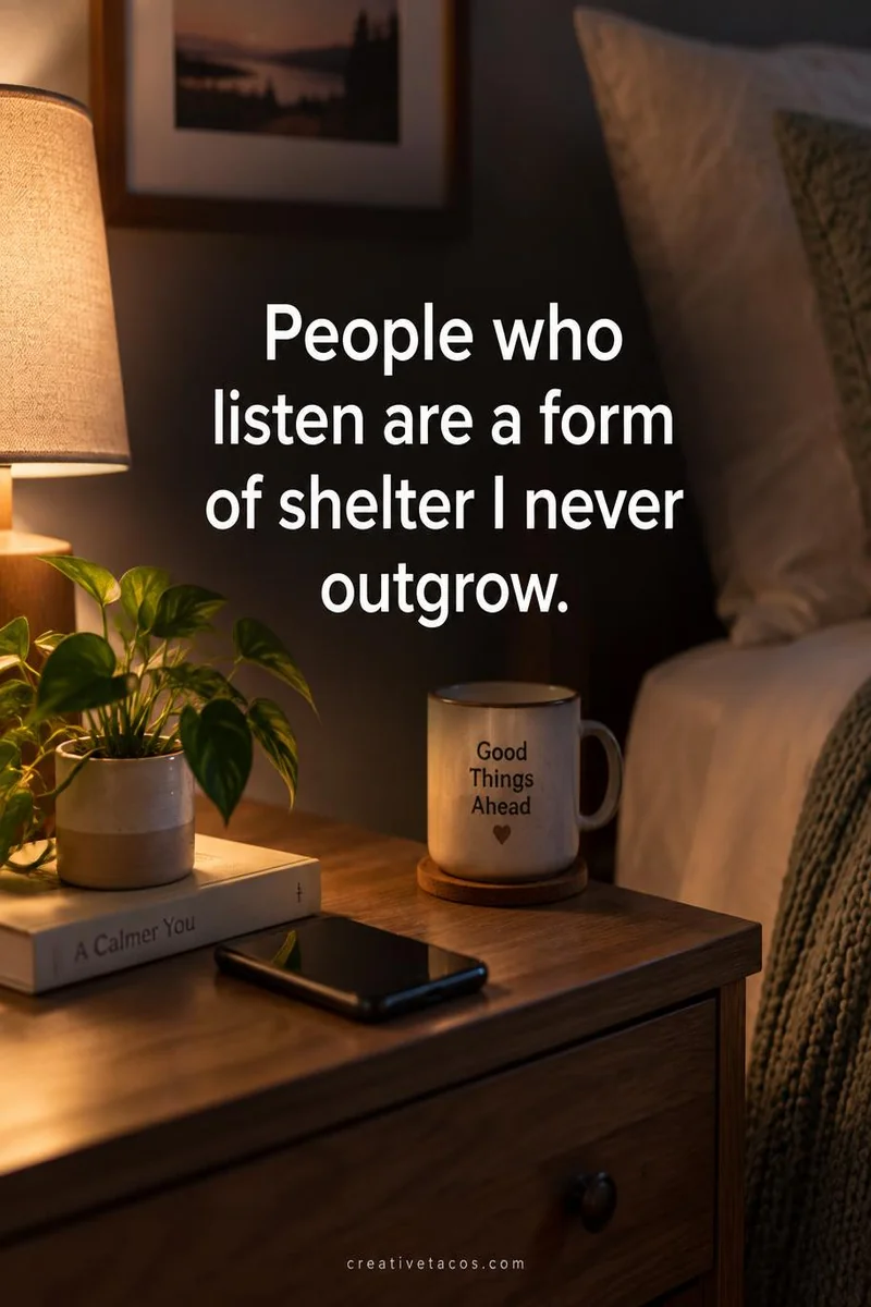 Quote card: People who listen are a form of shelter I never outgrow.