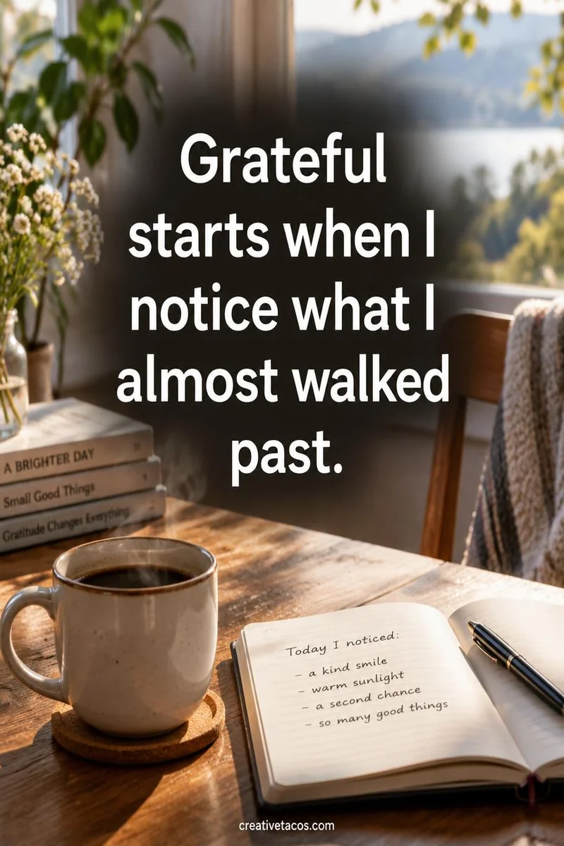 Quote card: Grateful starts when I notice what I almost walked past.