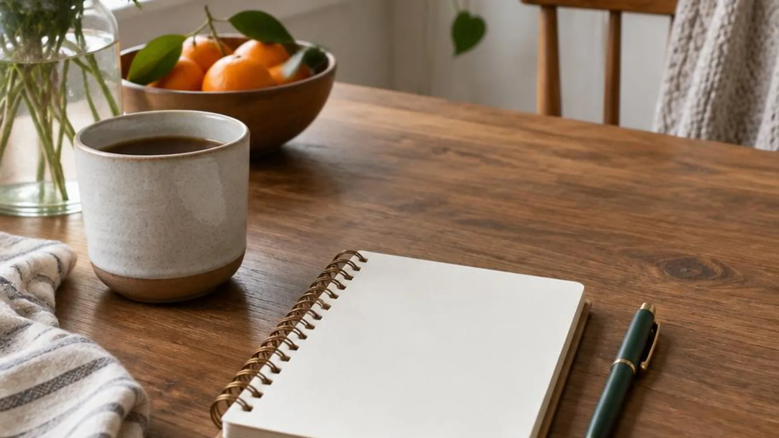 A kitchen table with a small notebook and pen for a grounded gratitude practice