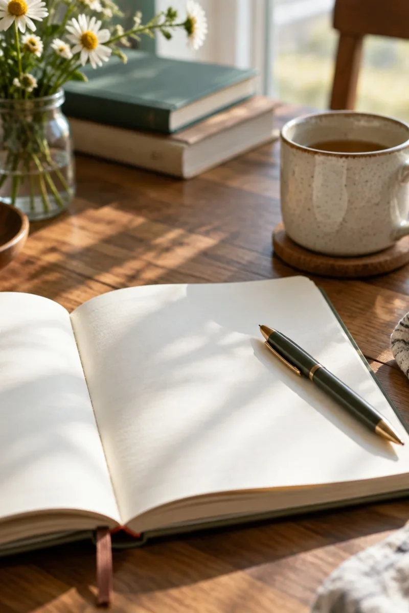 A notebook and pen on a wooden table for honest short gratitude notes