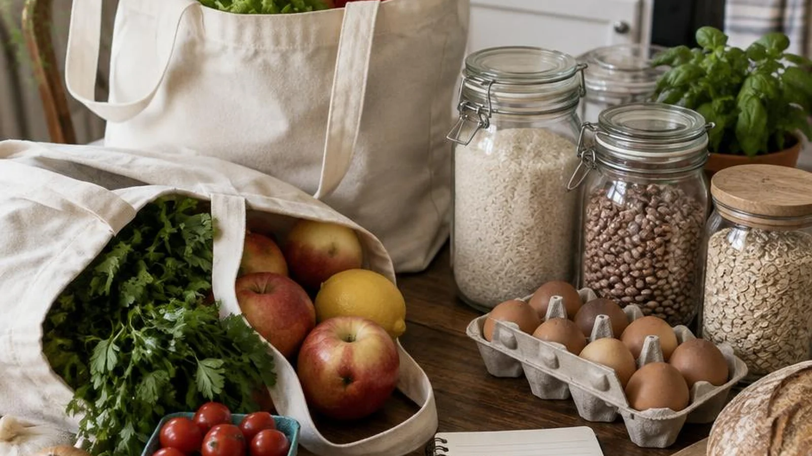 Reusable grocery bags with produce, pantry staples, and a handwritten shopping list on a kitchen table