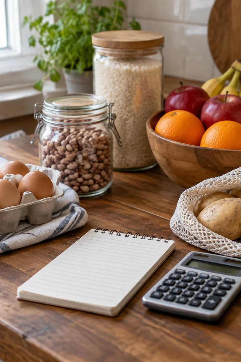 Grocery list and calculator beside budget staples like beans, rice, eggs, and seasonal fruit