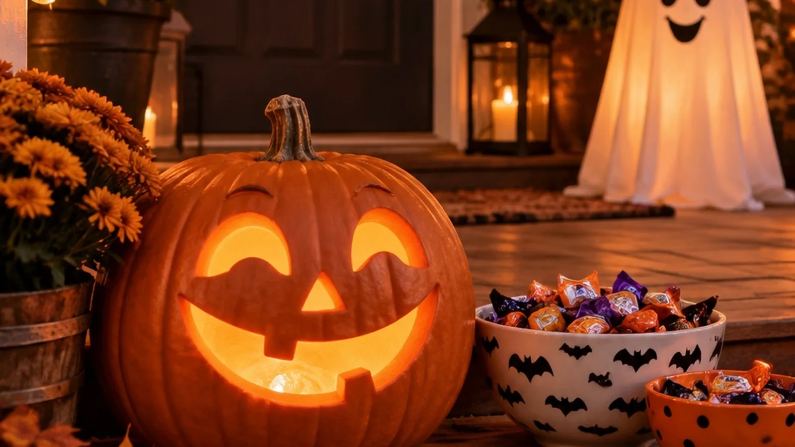 A friendly jack-o-lantern on a porch with candy bowls, soft orange string lights, and a cute ghost decoration.