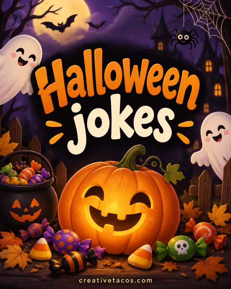 halloween joke card with cozy seasonal props and a creativetacos.com footer
