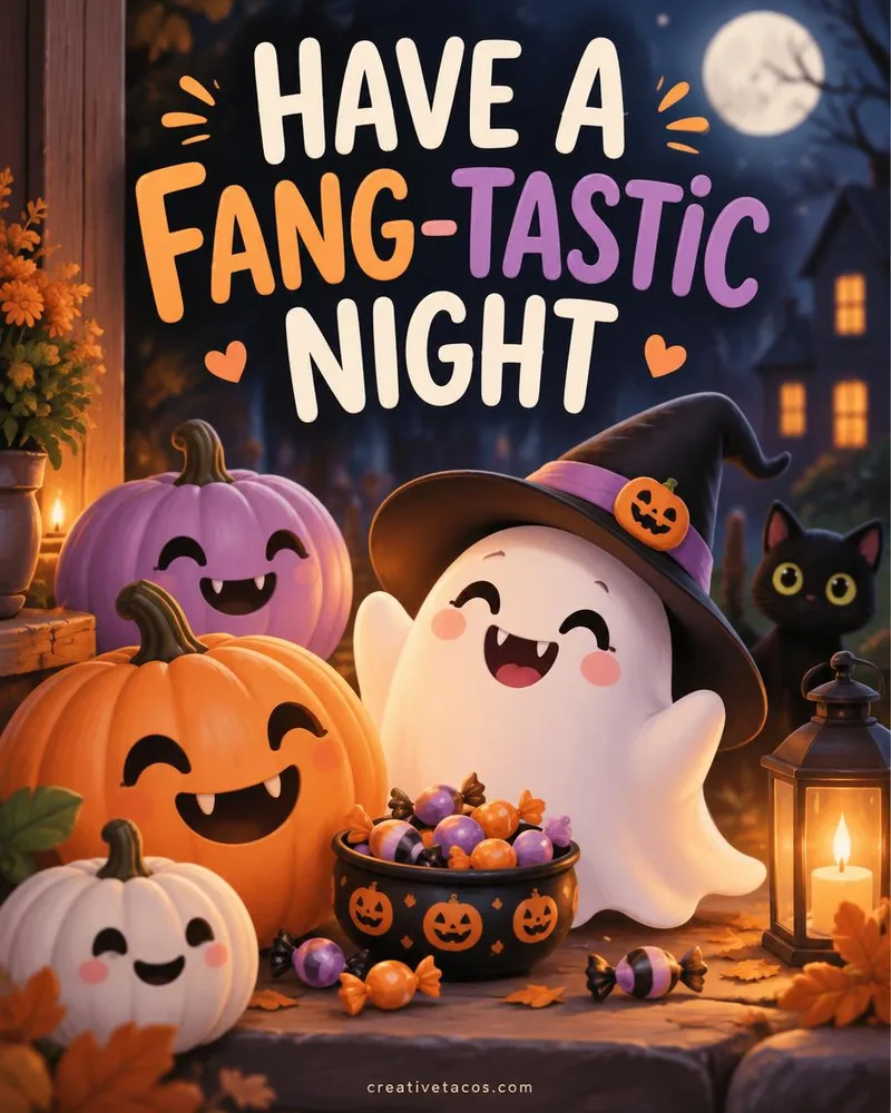 Pun card that says Have a fang-tastic night with pastel pumpkins and a creativetacos.com footer