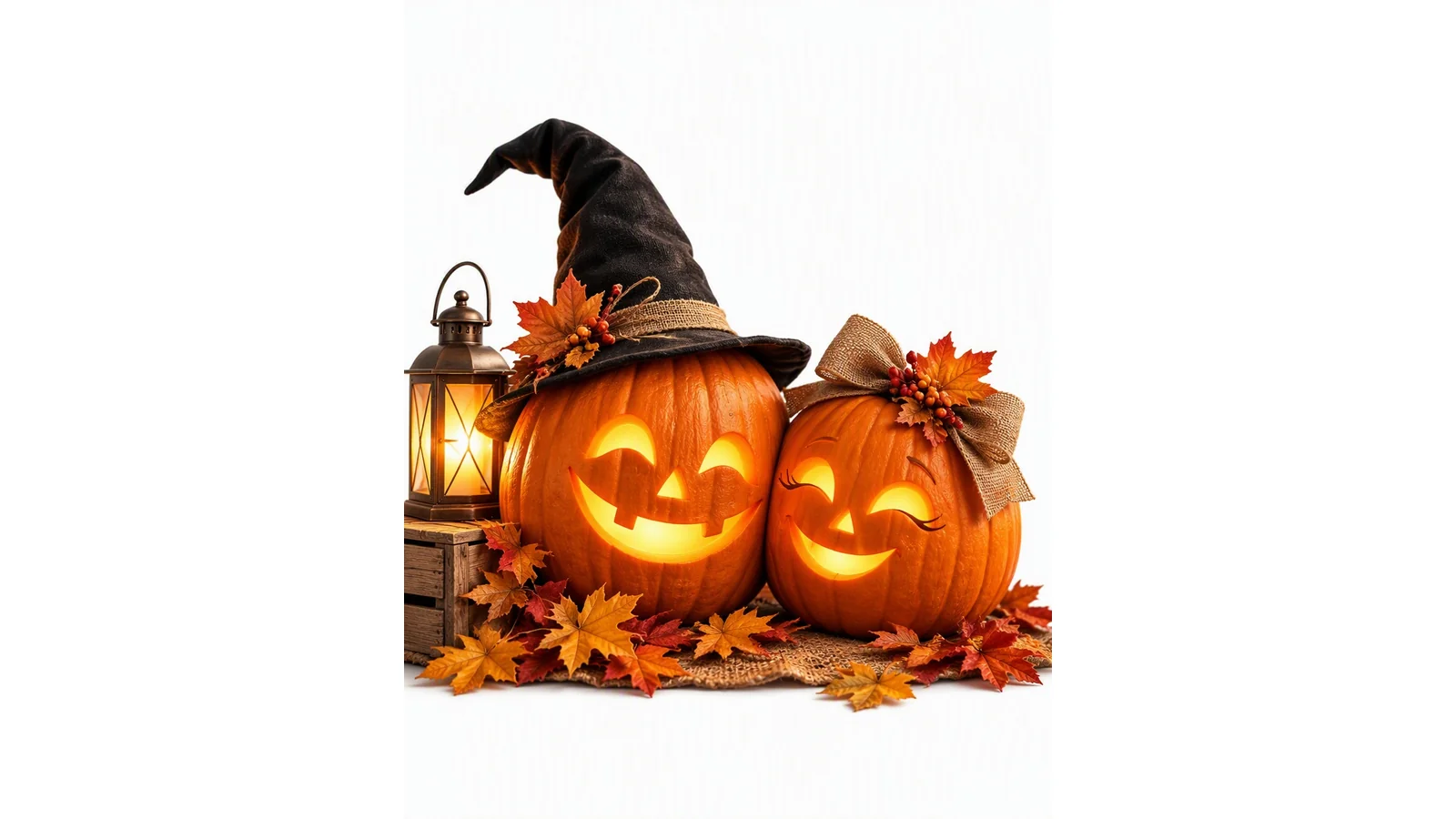Soft Halloween couple scene with two pumpkins side by side, warm porch light, autumn leaves, clean white background illustration